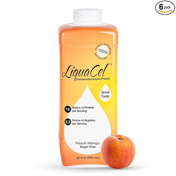 LiquaCel Concentrated Liquid Protein Peach Mango Flavor Ready-to-Drink 16g Hydrolyzed Collagen Protein and 2.5g Arginine Per 1oz Serving Sugar &amp Gluten Free 32 fl oz Bottle Case of 6