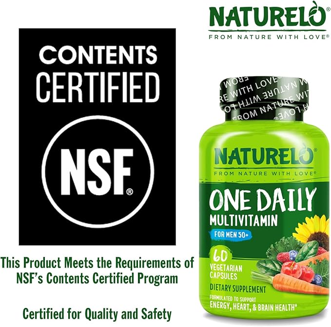 NATURELO Mens Multivitamins for Men 50+ - One Daily Multivitamin for Men with Vitamins Minerals &amp Organic Whole Foods Boost Energy &amp Health Non-GMO 60 Vegetarian Capsules