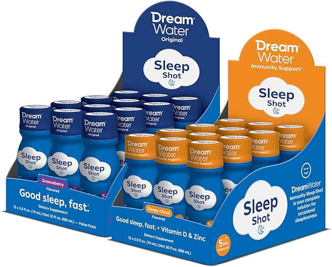 Dream Water Sleep Aid Supplement Drink Melatonin 5mg GABA 5-HTP 2.5 oz Sleep Water Snoozeberry + Immunity Sleepy Citrus 24-Pack