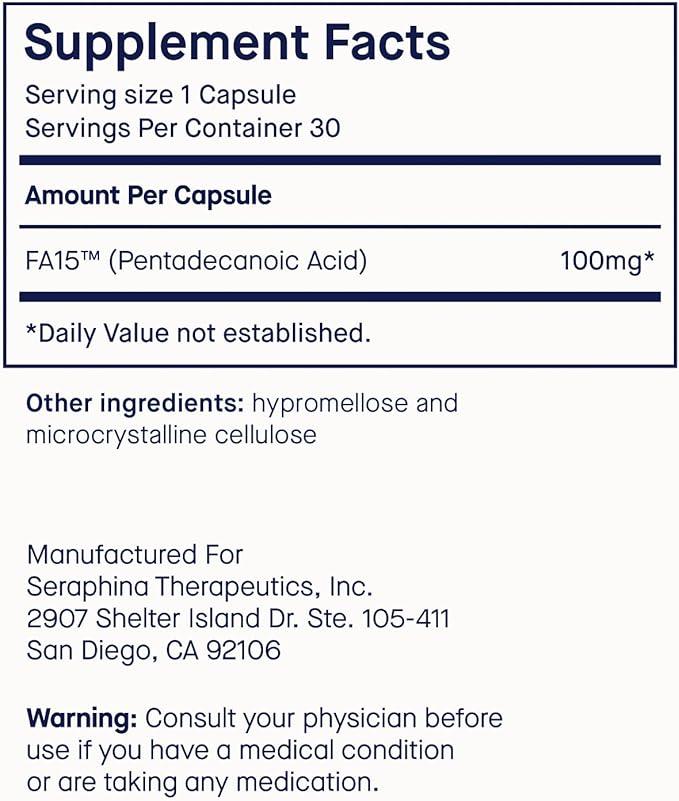 Fatty15 C15:0 Pentadecanoic Acid Supplement The Longevity Nutrient - 180 Vegan Capsules - 3X Cellular Benefits of Fish Oil EPA Omega 3 Supplements - Liver Support &amp Mitochondrial Health