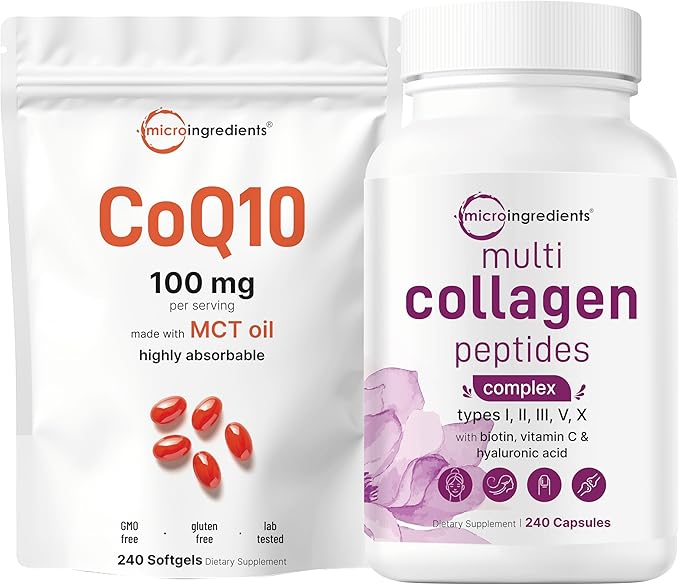 Micro Ingredients 8-in-1 Multi Collagen Capsules &amp CoQ10 100mg Softgels Bundle 2 Pack | Grass-Fed Collagen Peptides | High Absorption Ubiquinone with Coconut MCT Oil