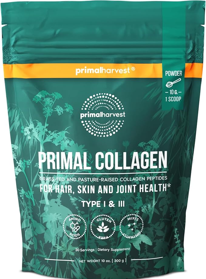 Primal Harvest Collagen Powder for Women or Men Primal Collagen Peptides Powder Type I &amp III 10 Oz Collagen Protein Powder for Hair Skin Nails (Single Original)