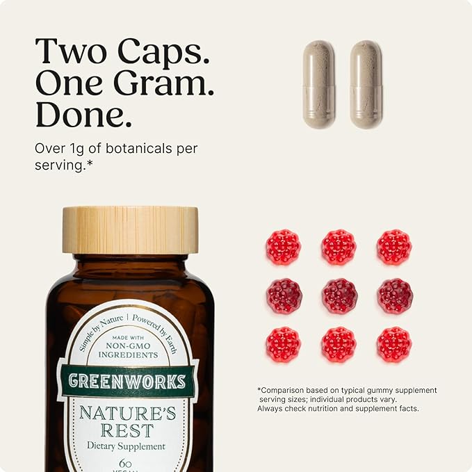 Greenworks Nature's Rest Melatonin-Free Sleep Aid Organic Herbal Blend with Ashwagandha Valerian Chamomile &amp Passionflower Non-Habit Forming Vegan Capsules for Restful Sleep 60 Count