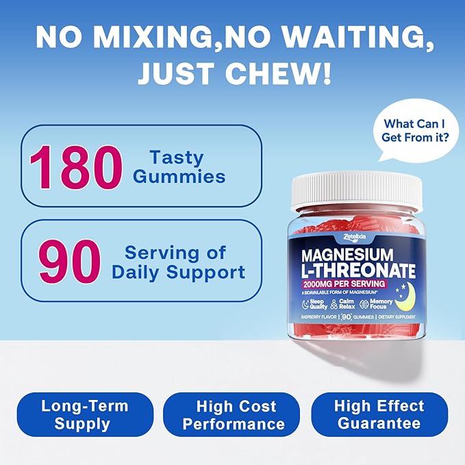 180 Count | 2 Pack Magnesium L-Threonate Gummies 2000mg Magnesium Threonate Supplement for Adults &amp Kids Support Cognition Restful Sleep &amp Muscle Health Sugar Free Vegan Non-GMO