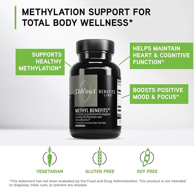 DAVINCI Labs Methyl Benefits - Dietary Supplement to Support Healthy Methylation Detoxification and Energy Production* - with Vitamin B6 B12 Folate and More - Gluten-Free - 60 Vegetarian Capsules