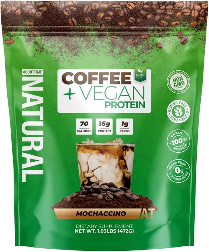 About Time Coffee + Vegan Protein (Non-GMO All Natural Lactose/Gluten Free 16g of Protein Per Serving) – 1.03lb Coffee Mochaccino