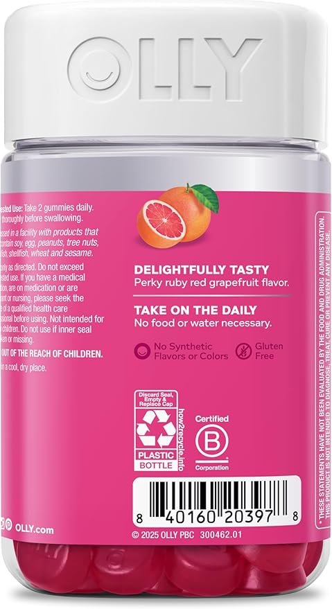 OLLY Undeniable Beauty Gummy for Healthy Hair Skin &amp Nails* Biotin Vitamins C &amp E Keratin Chewable Supplement Grapefruit Flavored 60 Day Supply - 120 Count