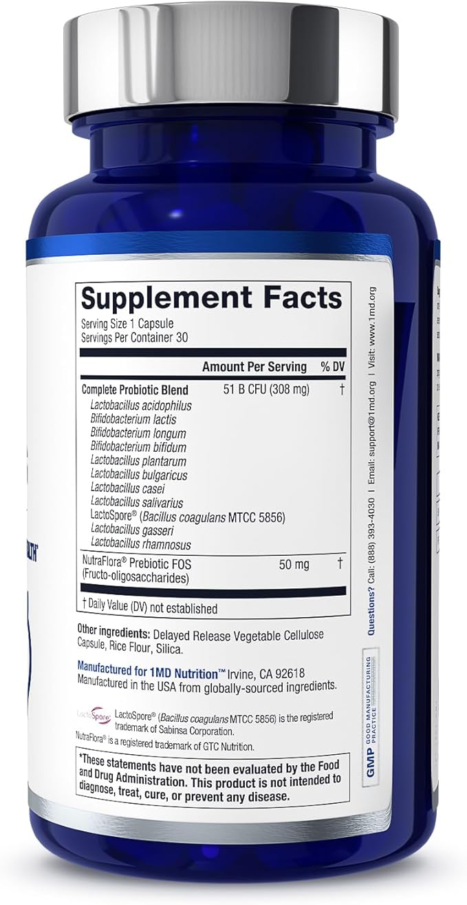 1MD Nutrition Complete Probiotics Platinum - w/Prebiotics and Probiotics for Digestive Health - Probiotic Supplement for Women &amp Men - More Than 50 Billion Live CFU 11 Strains Dairy-Free - 30 Caps
