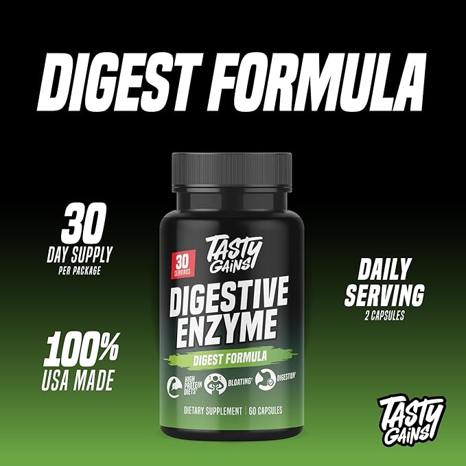 TASTY GAINS - Complete Digestive Enzymes Supplement for Gut Health - Bloating Relief for Men and Women - Enzymes for Digestion - Food Discomfort Relief &amp Debloat (60 Capsules)