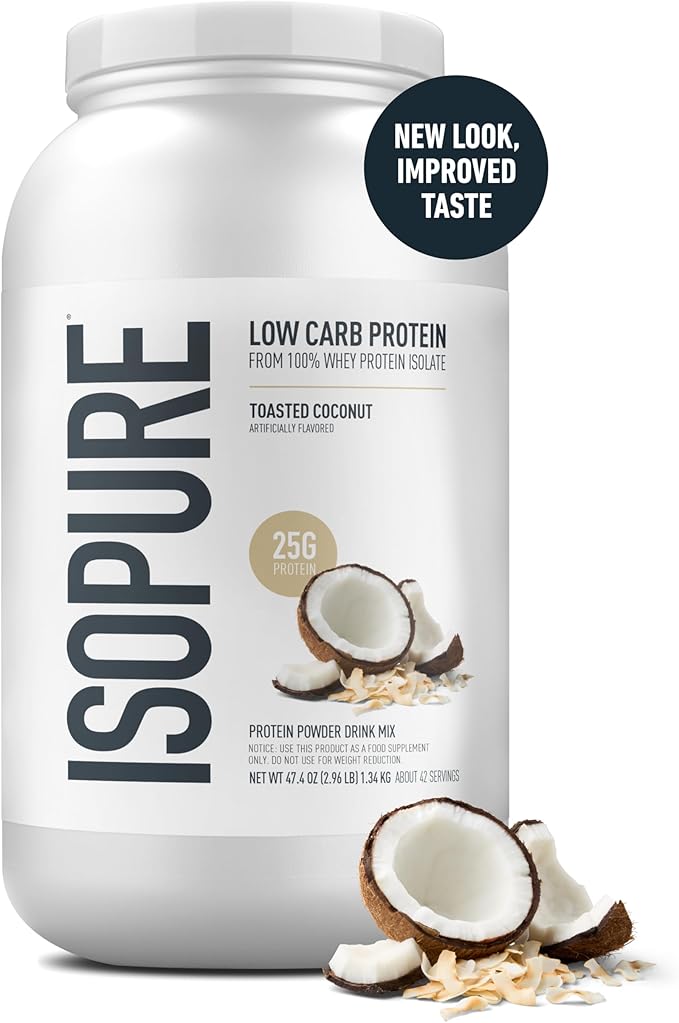 Isopure Low Carb 100% Pure Whey Isolate Protein Powder Gluten Free With Vitamins Toasted Coconut 25g Protein Per Serving 3 Lbs 42 Servings (Packaging May Vary)