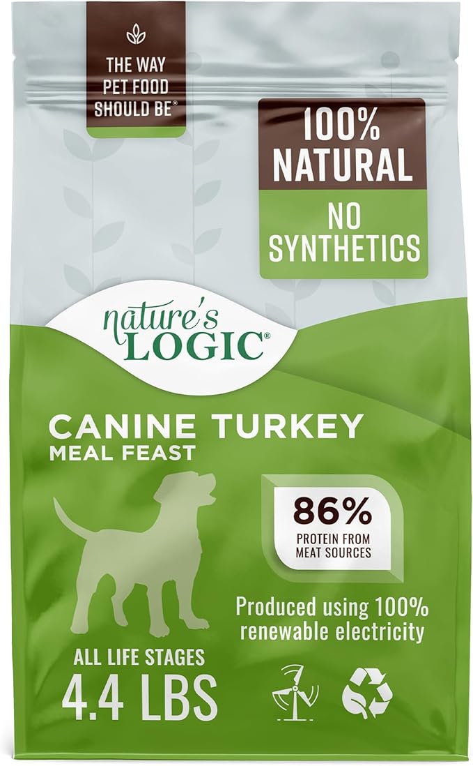 NATURE'S LOGIC Dry Dog Food - 100% Natural - No Synthetics - for All Ages Sizes Breeds - Free from Common Allergens High Protein - Turkey Meal Feast 4.4lbs