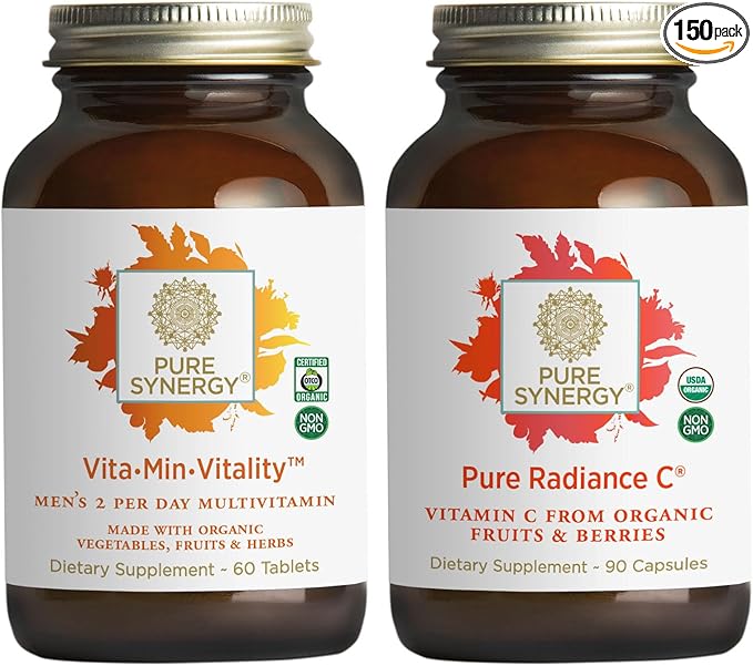 PURE SYNERGY Men’s Multivitamin Stress and Energy Essentials Bundle | Whole Food Multi with Adaptogens and Cordyceps | Natural Vitamin C Immune Supplement | Vegan Non-GMO and Organic Ingredients