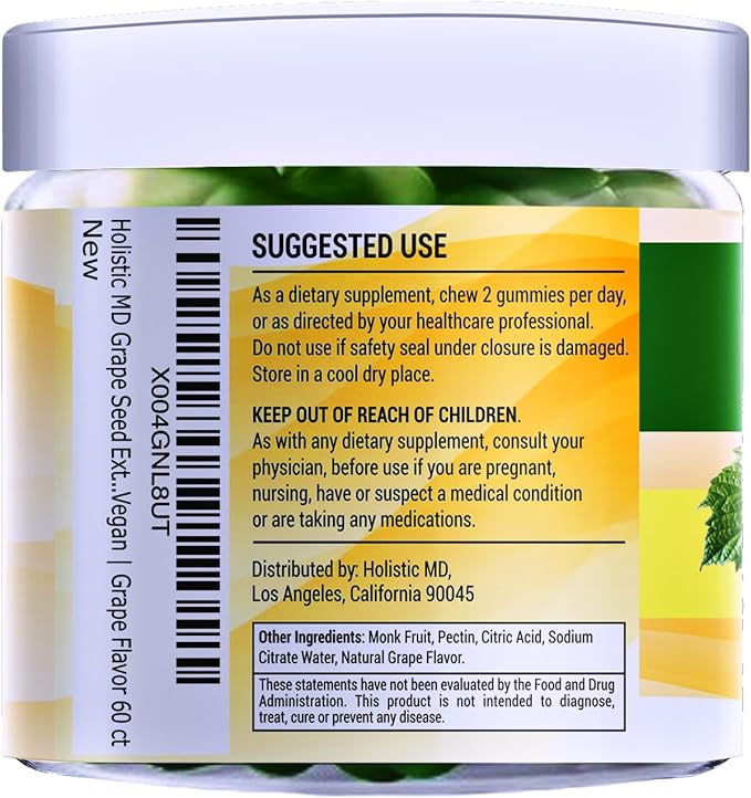 Grape Seed Extract Gummies | Grape Seed Oil 25000 mg 50x Original | &gt95% Polyphenols | #1 Grape Seed Gummies in USA | Sugar Free Vegan | Grape Flavor 60 ct