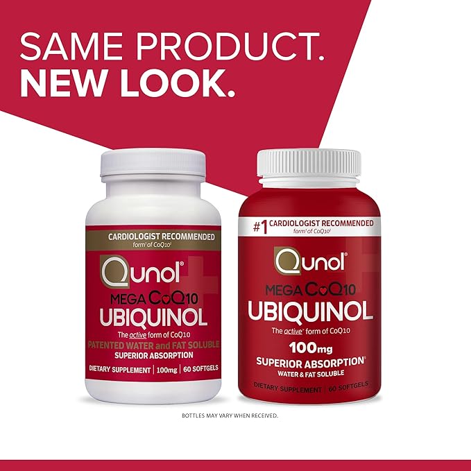 Qunol Mega Ubiquinol Coq10 100mg Superior Absorption Patented Water and Fat Soluble Natural Supplement Form of Coenzyme Q10 Antioxidant for Heart Health 60 Softgels Pack of 2