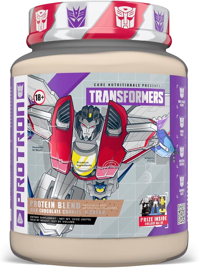 Core Nutritionals Transformers Protron Protein | Whey + Casein Blend | MCTs &amp Digestive Enzymes | 25g Protein | Free Prize Inside - Starscream | 2 Pound (Milk Chocolate Cookie 'N Cream)