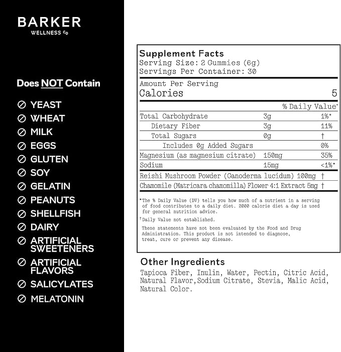 Barker Wellness Magnesium Relax Gummies | Advanced Stress &amp Muscle Tension Relief | Promotes Calm &amp Relaxation with Reishi Mushroom &amp Chamomile | Vegan Sugar-Free Tropical Mango | 60 Gum