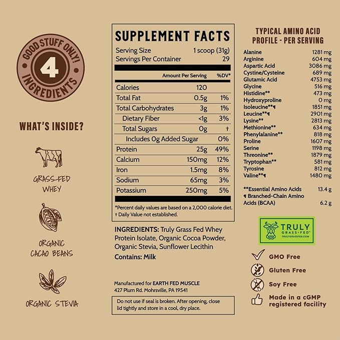 Earth Fed Muscle Chocolate Shakeup Truly Grass Fed Whey Protein Isolate. 3rd-Party Certified No Artificial Ingredients Soy Free Gluten Free Non-GMO Hormone Free (2 Pound 29 Servings Chocolate)