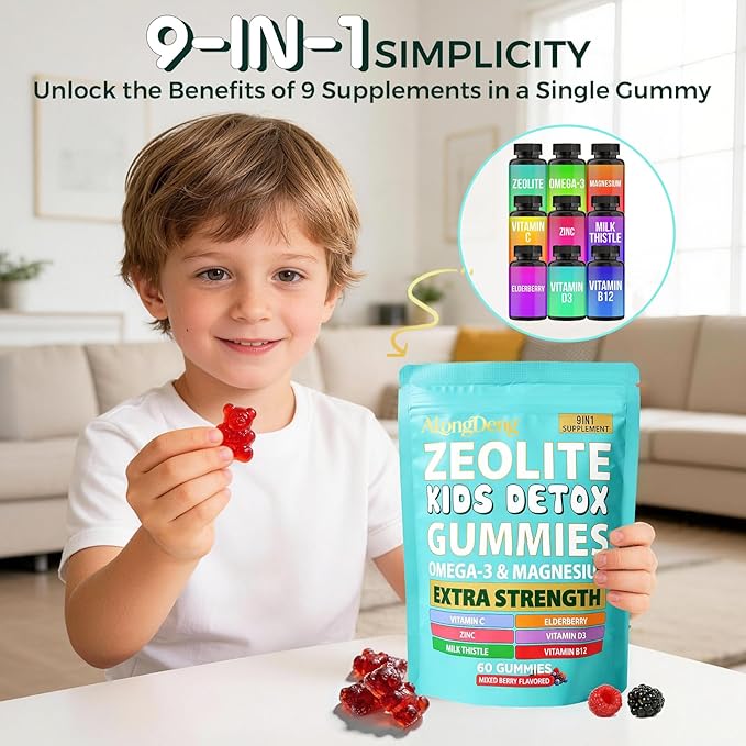ALongDeng Zeolite Kids Gummies 9-in-1 with Zeolite Magnesium Elderberry Vitamin C Vitamin D3 Zinc B12... – Sugar-Free (60 Gummies – Mixed Berry Flavor)