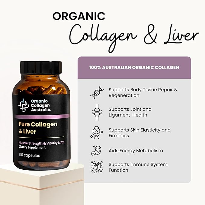 Organic Collagen Australia Pure Collagen &amp Liver Capsules – Muscle Strength &amp Vitality with Hydrolyzed Collagen Grass-Fed Liver and Vitamin B12 – 120 Capsules