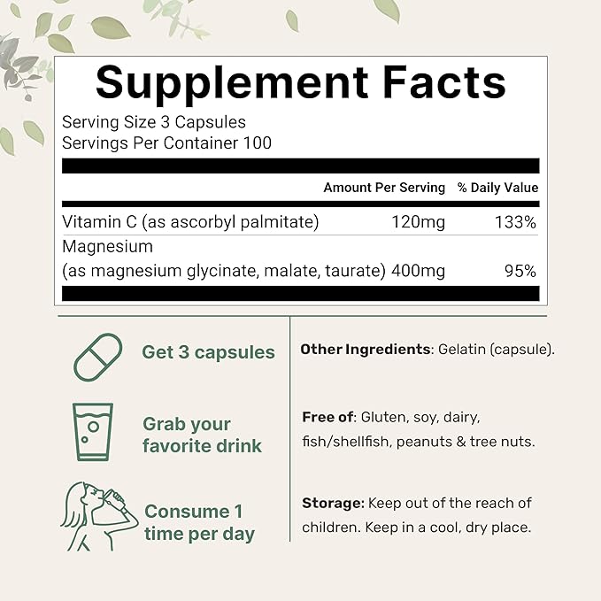 Micro Ingredients Pure Magnesium Complex 300 Capsules | Triple Magnesium Glycinate Malate Taurate with Vitamin C | 100% Chelated | Supports Muscles Nerves &amp Energy | Only Active Ingredients