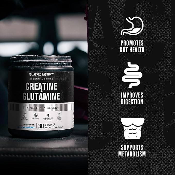 Jacked Factory Creatine + Glutamine - Creatine Supplement with L-Glutamine for Muscle Recovery Muscle Growth Increased Strength Enhanced Energy Output and Gut Health - 30 Servings Blue Raspberry