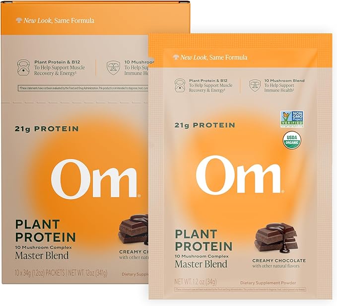 OM MUSHROOM SUPERFOOD Master Blend Vegan Protein – Organic Chocolate Plant Protein with 10 Mushrooms Ashwagandha BCAAs &amp B12 – Energy Recovery &amp Immune Support – 10 Single Serves