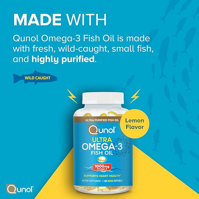 Qunol Fish Oil Omega 3 Mini Softgels 1000mg Omega 3 EPA + DHA Ultra Pure Supplements Heart Health Support Lemon Flavor Easy to Swallow Minis 3 Month Supply 180 Count