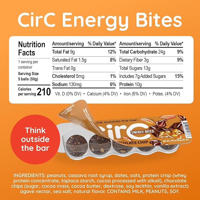 CirC Energy Bites - 12 Pack Caramel Chocolate Chip Gluten Free Protein Balls - 10g Protein Whole Grains Nuts &amp Fruit - Portable Healthy Snacks for Adults &amp Kids 5 Piece Resealable Packs
