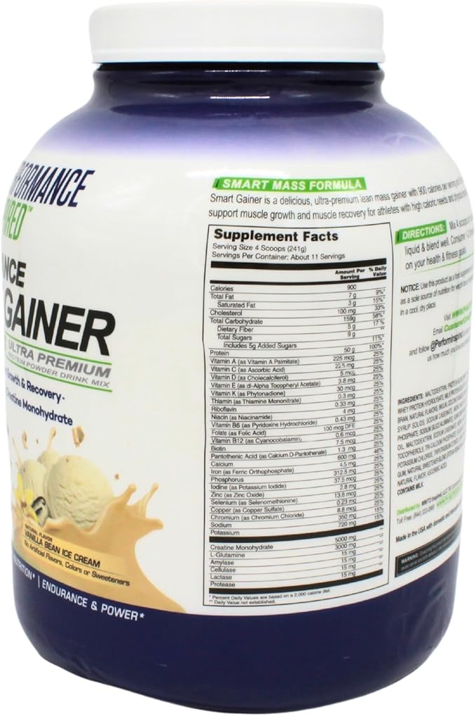 Performance Inspired Nutrition Smart Mass Gainer – 50G Protein 900 Calories Creatine L-Glutamine &amp Digestive Enzymes – Muscle Growth &amp Recovery – Vanilla Bean Ice Cream – 6 lb