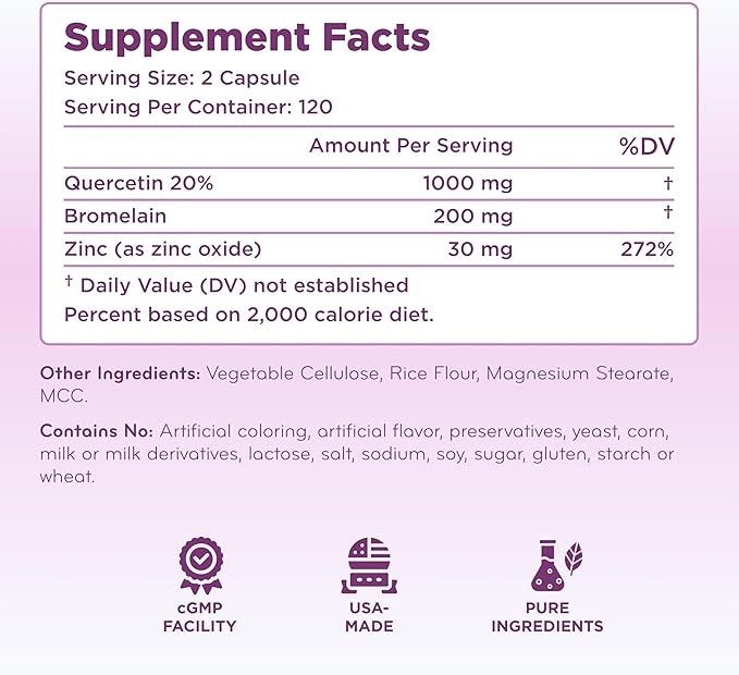 Advanced Zinc Quercetin with Bromelain Formula - Triple Immune Support Quercetin Complex for Daily and Seasonal Immune System Wellness Support - Made in a cGMP American Facility (120 Servings)