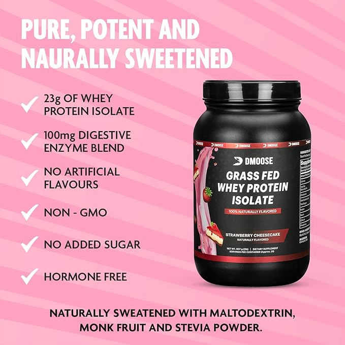 DMoose Grass Fed Whey Protein Powder - for Muscle Growth &amp Recovery Naturally Sweetened &amp Flavored Rich in Amino Acids Fast Absorbing Performance Formula (2 Lbs Strawberry)