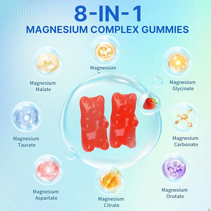 Magnesium Complex Gummies for Women Men 8 in 1 Magnesium Glycinate Citrate Malate Taurate for Bones Muscle Nerve Health Sugar-Free Vegan Non-GMO Strawberry Flavor 120 Count