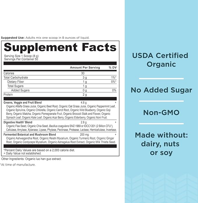 Ancient Nutrition Super Greens Powder Organic Superfood Powder with Probiotics Made with Spirulina Chlorella Matcha and Digestive Enzymes 50 Servings 14.1 oz