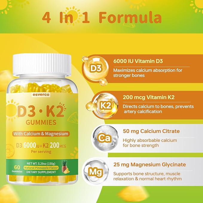 Vitamin D3 K2 Gummies High Absorption 6000 IU D3 + 200mcg K2 (MK-7) with Calcium &amp Magnesium Glycinate Extra Strength for Bone Teeth &amp Immune Support Pineapple Flavor 2-Pack 120 Count