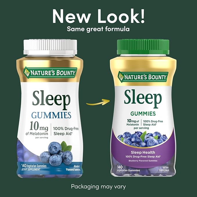 Nature's Bounty 10 mg Melatonin Gummy 100% Drug Free Sleep Supplement 10 mg Blueberry 140 Ct (Pack of 2)