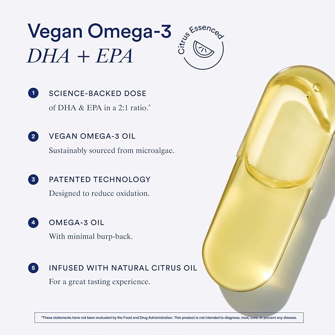 Ritual Omega 3 - Vegan - Science-Backed Dose of DHA &amp EPA Fatty Acids in 2:1 Ratio Bioavailable Brain and Heart Health Support Minimal Burp-Back Sustainably Sourced Microalgae 30 Day Supply