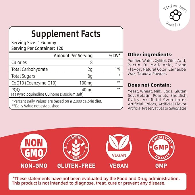 PQQ Gummies Supplement 40mg CoQ10 Gummies 100mg for Adults Two Ways Support Cellular Energy &amp Brain Nerve Heart Immune Health Antioxidant Non GMO Gluten Free Vegan Sugar Free Grape 120