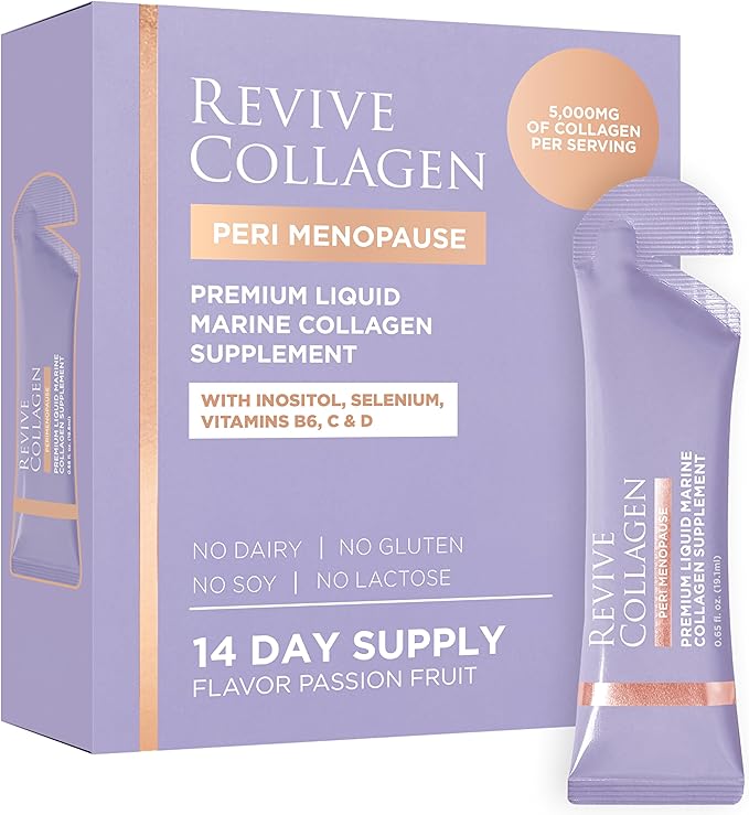 Revive Collagen Perimenopause — Hydrolyzed Marine Collagen Drink for Women 5000MG Inositol Selenium Vitamin B6-B12 C &amp D Supports Skin Wellness &amp Daily Energy Passionfruit Flavour — 14