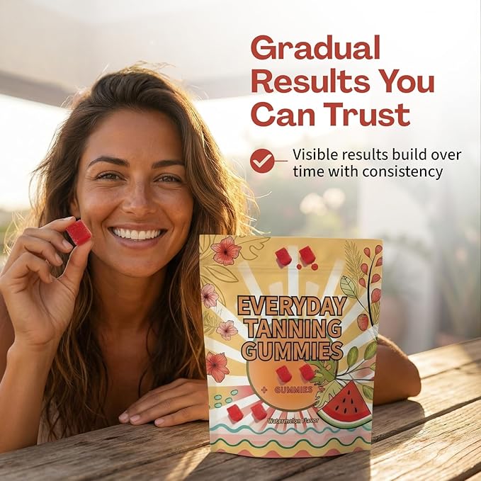 Daily Tanning Gummies – Natural Sunless Tanning for Women with Astaxanthin Lycopene &amp Beta Carotene – Antioxidant Rich Boosts Melanin – Watermelon Flavor – 60 Chewables