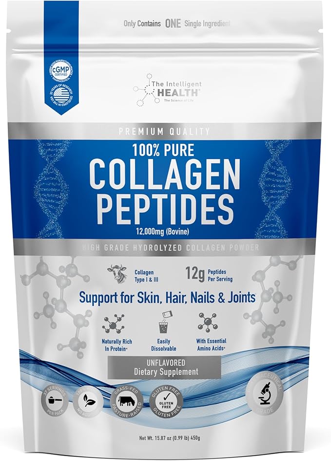 The Intelligent Health Collagen Peptides Powder 45 Servings Hydrolyzed Collagen Type I &amp III Grass Fed Unflavored Gluten Free Keto/Paleo 10g Servings 15.9 Oz Skin Support Hair Nail Jo