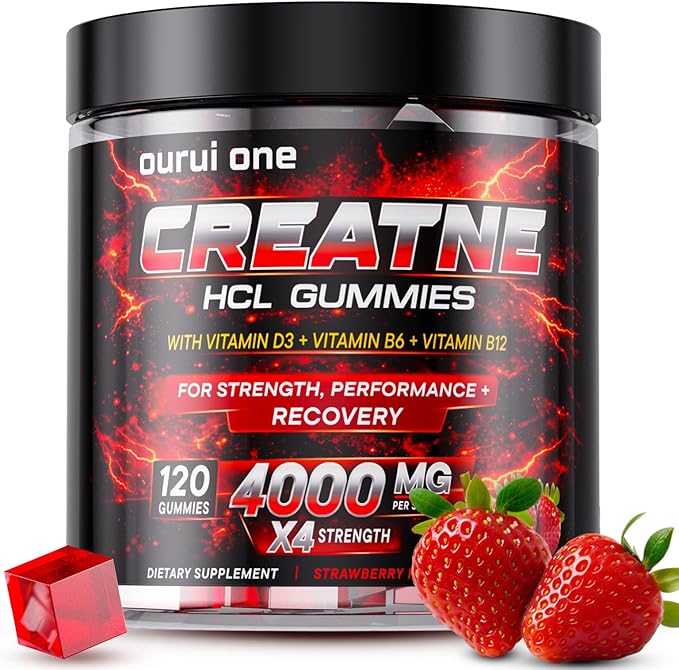 Creatine HCL Gummies 4000mg per Serving – High-Strength Performance Support Split-Dose Absorption No Bloating No Mixing Strawberry Flavor 1 Pack
