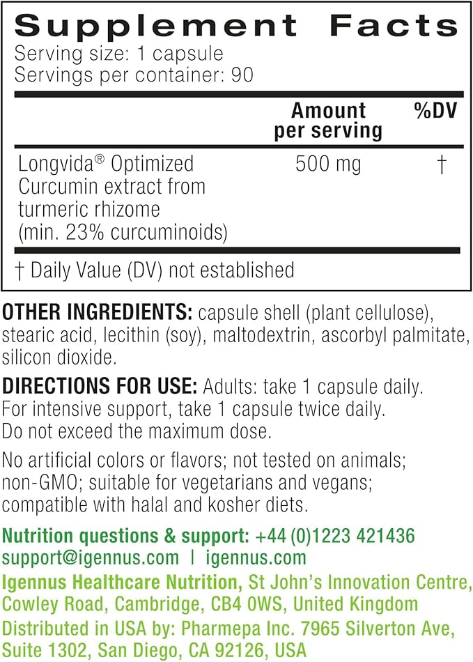 Igennus Longvida Lipidated Curcumin 500mg Ultra Bioavailable &amp Sustained Action 65x Higher Plasma Levels Intensive Support Free-Form Curcumin Vegan 90 Capsules
