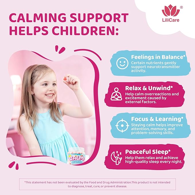 Kids Calm Magnesium Bisglycinate + Omega 3 Gummies High Absorption Magnesium Glycinate Supplement Gummy for Kids with L-Theanine Chamomile &amp Saffron Natural Calming Focus Gummies - Sugar Free