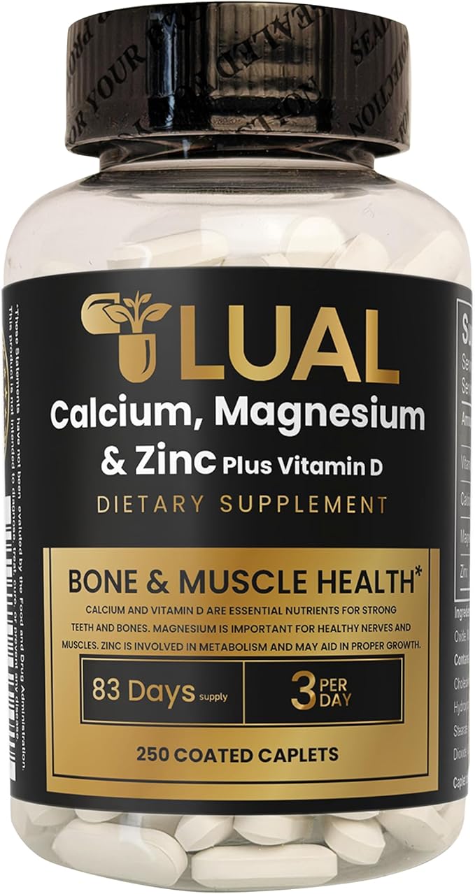 Calcium Magnesium Zinc &amp Vitamin D3.LUAL Calcium Magnesium Zinc with Vitamin D – Bone &amp Muscle Support Supplement for Adults 250 Coated Caplets Dietary Supplement 250 Count