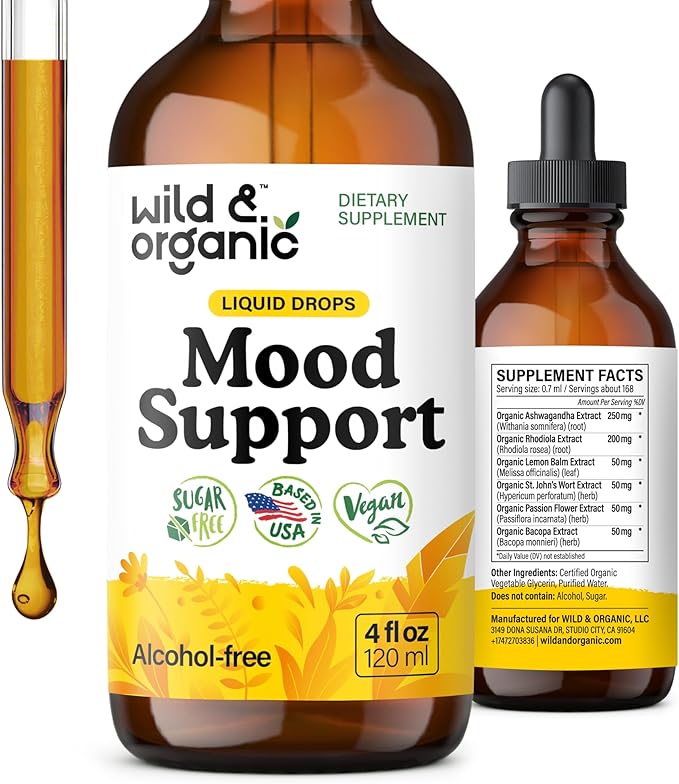 Wild &amp Organic Mood Support Supplement - Natural Liquid Drops for Positive Energy - Calm Mind Supplement for Women and Men - Non-Alcohol Ashwagandha &amp Rhodiola Rosea Root Tincture for Good Moo