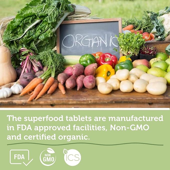 Organic Superfood Greens Fruits and Veggies Complex - Best Dietary Supplement with 14 Greens and 14 Fruits &amp Vegetables with Alfalfa &amp Antioxidant Organic Ingredients Non-GMO 240 Capsules