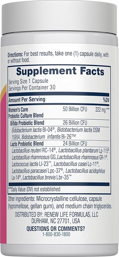 Renew Life Women's Probiotic Capsules 50 Billion CFU Guaranteed Supports pH Balance Vaginal Urinary Digestive and Immune Health(2) L. Rhamnosus GG Dairy Soy and Gluten-Free 30 Count