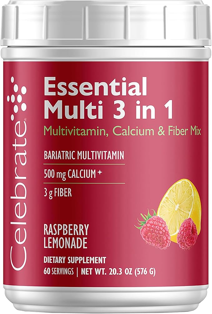 Celebrate Vitamins 3-in-1 Bariatric Multivitamin with Calcium Citrate Drink Mix - 500mg Calcium Gluten Free Sugar Free - Powder Blend for Post Bariatric Surgery - Rasp Lemonade (60 Servings)