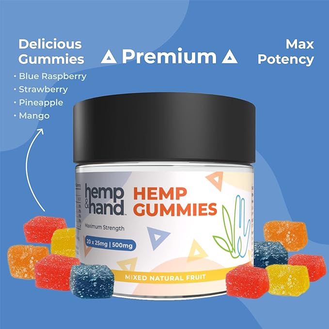 Hemp Gummies 500mg - Max Strength for Adults - Chill Inflammation Natural Pain Restful Sleep (25mg Gummy) - by Hemp and Hand
