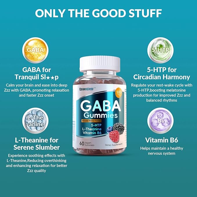 Liposomal GABA Gummies 500mg with 5-HTP L-Theanine &amp Vitamin B6 -Sugar Free GABA Supplement for Calm &amp Zzz-60 Servings Mixed Berry Flavor